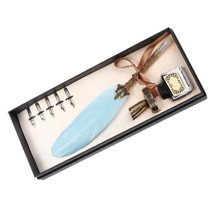 Stylo Plume Métallique Professionnel - Encre Noire, Finition Bleue/or, Coffret Cadeau (1 Stylo + 2 Cartouches)