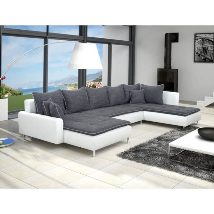 Canape Panoramique Dante Tissu Gris Fonce Simili Cuir Blanc