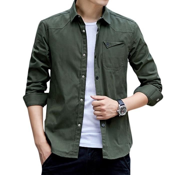 Chemise Homme Manches Longues Slim Fit Chemise Boutons Pressions Vert Cdiscount Pret a Porter