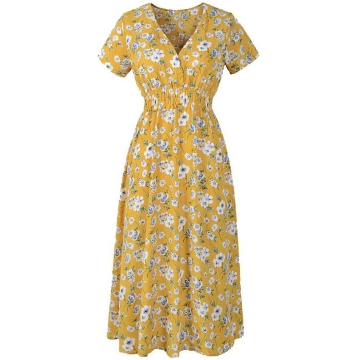 Femme Ete Mi Longue Chic Soiree Mousseline Robe Femme Grande Taille Mode Boheme Fleur Robe Vintage Femme Pour Mariage Cocktail Jaune Achat Vente Robe De Ceremonie Cdiscount