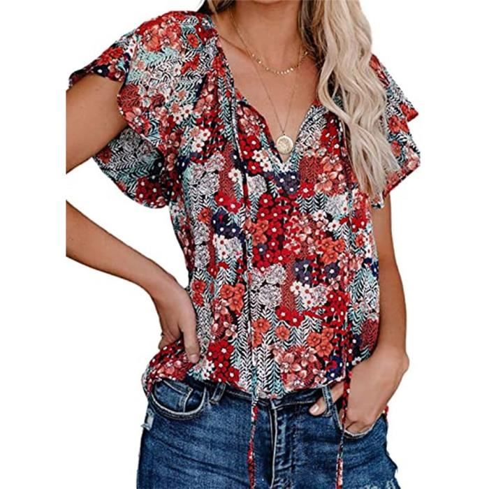 Tuniche Femme Imprimé Floral - Chemisier Ample Col V Et Manches 3/4 En Coton-polyester