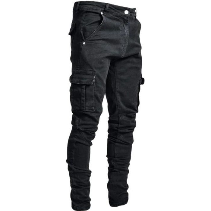 Pantalon Cargo Homme Bleu en Jean Multi Poches Serre Casual - noir NYSTORE