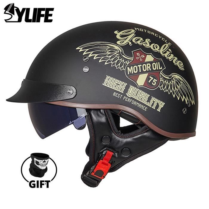 Casque Moto Demi-jet Style Rétro Allemand - Cuir PU, Visière UV, Certifié DOT/ECE, Tailles 55-64cm