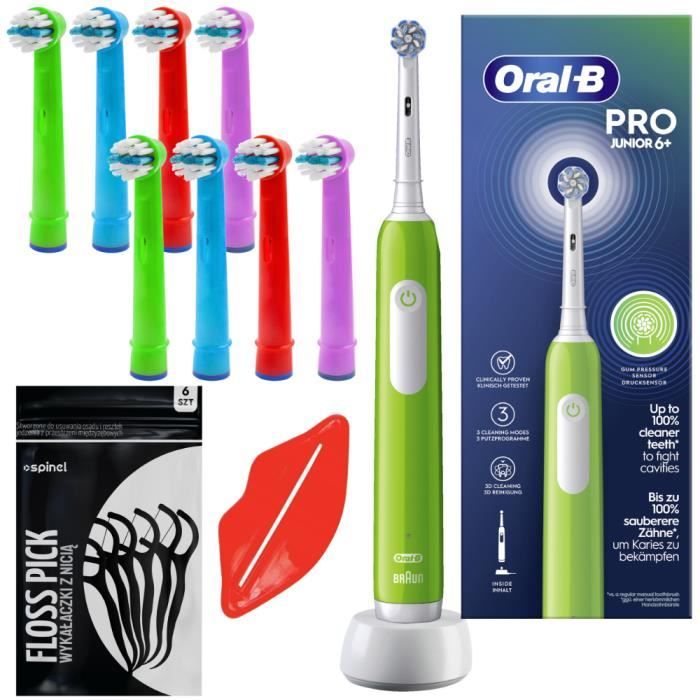 Brosse à dents électrique OralB Pro Junior 6+ verte avec 8 embouts de