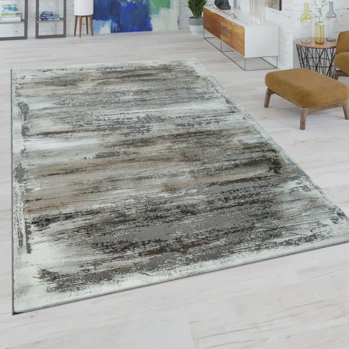tapis de salon a poils ras moderne motif abstrait aspect use en beige gris 80x150 cm cdiscount maison