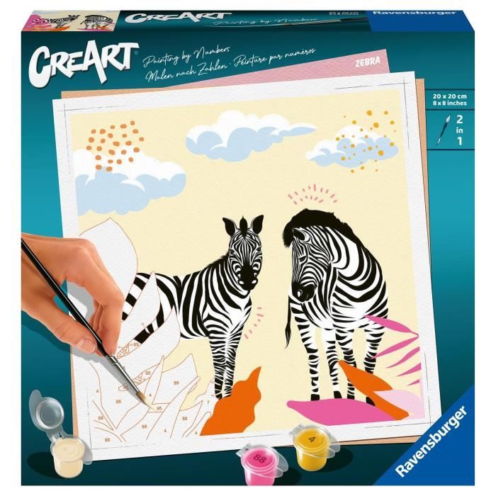 CreArt Zèbre 20x20 cm - format carré - Peinture par numéros – Dès 12 ans – Ravensburger - 23666