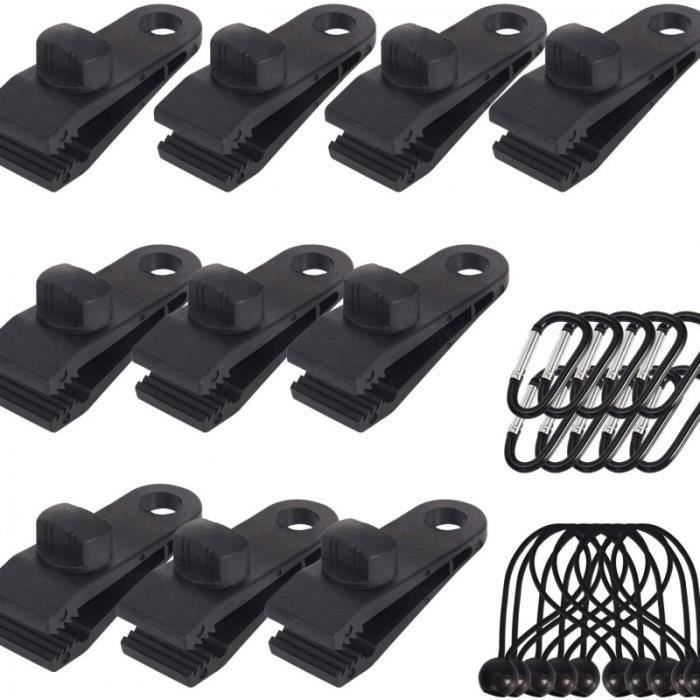 20 Pièces Clips De Bâche + Cordons Élastiques Avec Boules - Kit Camping Tente Auvent - Pinces Réutilisables Robuste Nylon Pour Bâches Caravanes Bannières