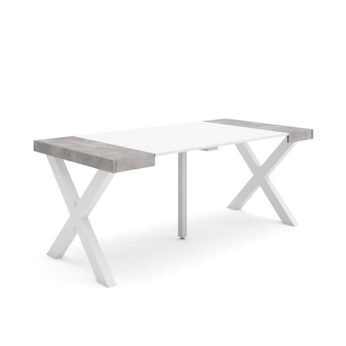 Skraut Home - Table console extensible - Blanc et ciment - Pieds bois massif - 180 cm - Pour 8 personnes