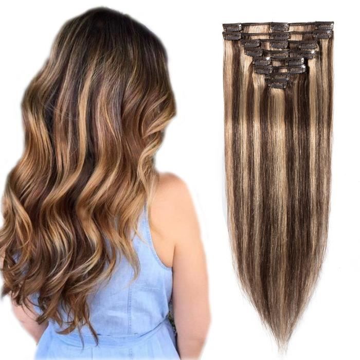 10" Pouces25CM Extension a Clips Cheveux Humain Naturel [8 Pièces 18 Clips] Raide & Lisse 4