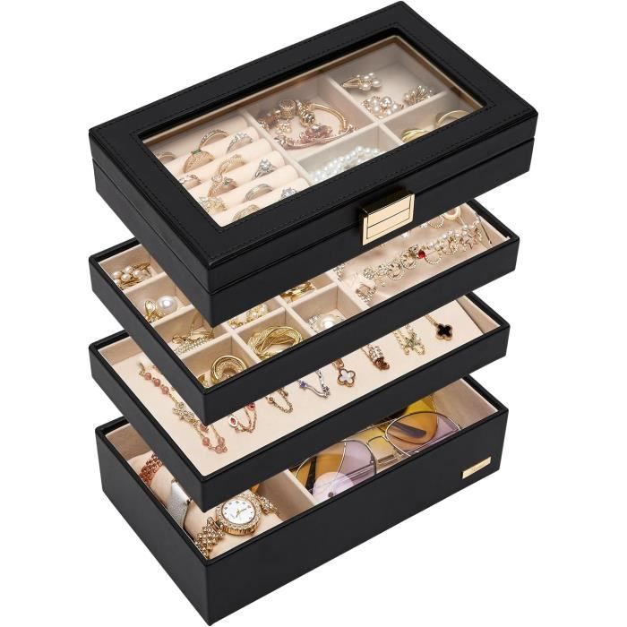 4 Plateaux à Bijoux Empilables Noirs PH PandaHall - Présentoir Pour Colliers, Bracelets, Bagues - Rangement Tiroir Ou Vitrine