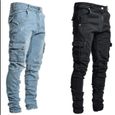 Pantalon Cargo Homme Bleu en Jean Multi Poches Serre Casual - noir NYSTORE-1