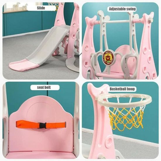 Toboggan Enfant 4 En 1 Avec Balançoire Réglable - Aire De Jeux Intérieur Extérieur Rose - 45kg