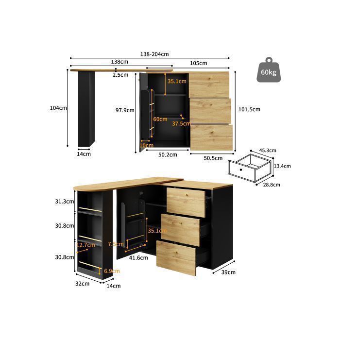Buffet de cuisine table bar extensible rangement plateau pivotant 360° mobile haute bistrot buffet étagères noir