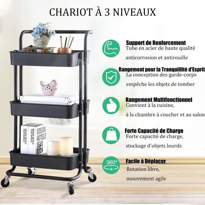 Chariot De Rangement 3 Niveaux Sur Roulettes HOMASIS - Organisateur Mobile 60kg, Noir