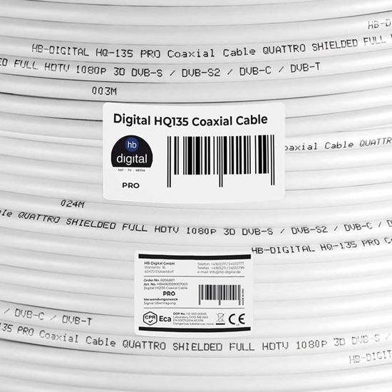 Câble SAT Coaxial HB-DIGITAL 135dB - 30m Blindé Avec Fiches F Dorées Pour TV Satellite 4K