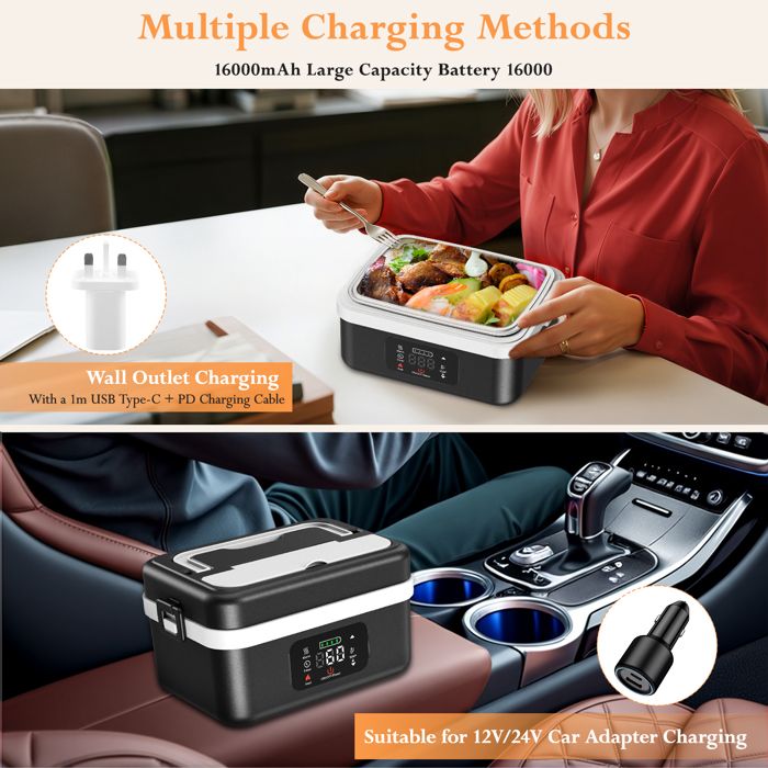 Gamelle Chauffante Avec Batterie, Lunch Box Chauffante Avec Chauffage Programmable Lunch Box Adulte De 1l Boite Chauffante Repas A Separateurs Amovibles Couverts Et Sac Isotherme 92030611