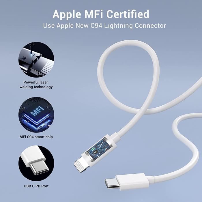 Sans Marque Câble Lightning vers USB compatible avec iPhone, iPad, AirPods  - 1m à prix pas cher