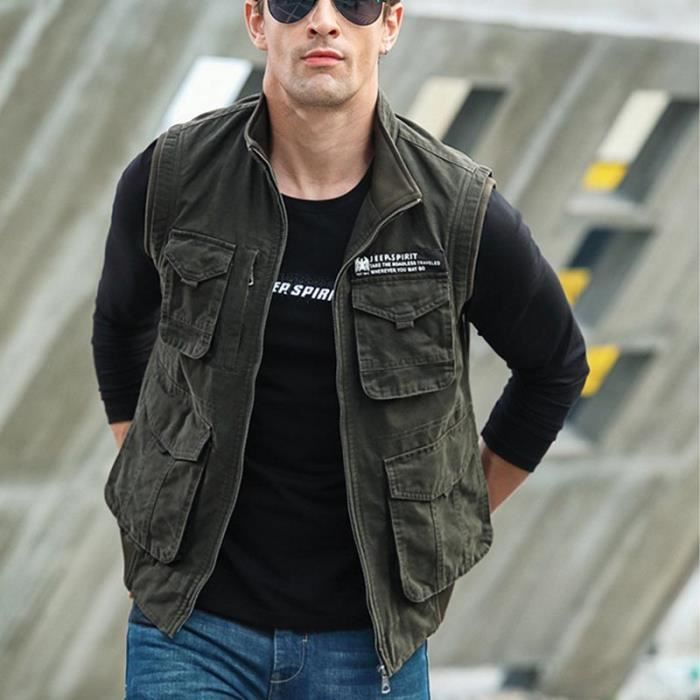 Gilet sans manche store homme multipoches cuir
