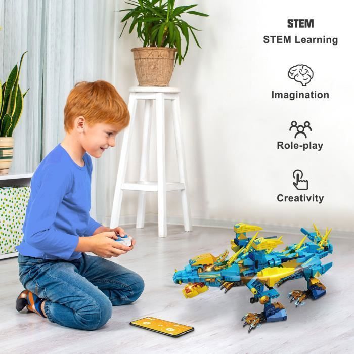 Robot Dinosaure Jouet 5 En 1 – Kit Construction Programmable, Télécommande 2.4G Et APP, Blocs ABS, Chenilles, STEM – Cadeau Techno Enfant 3+