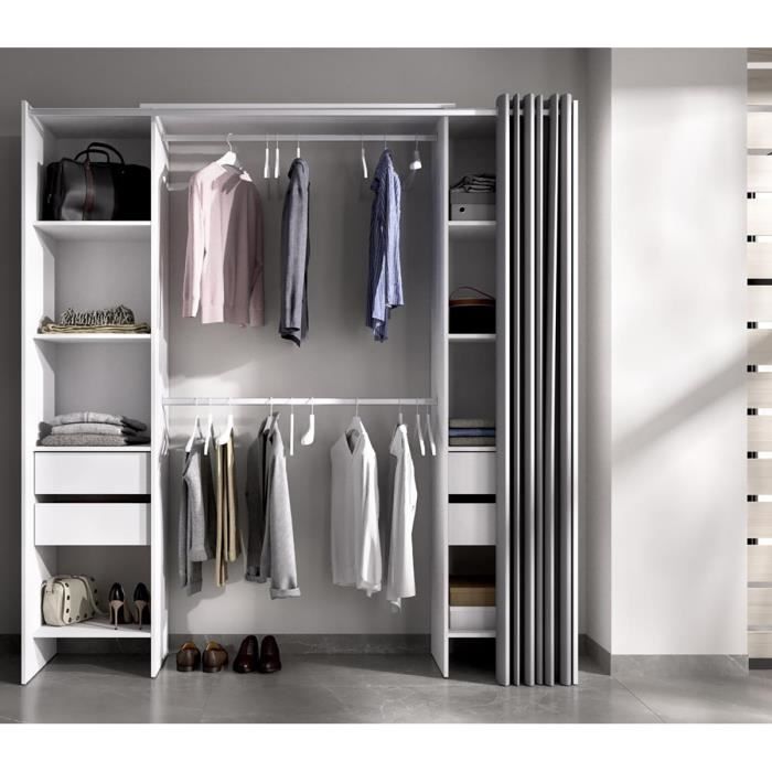 Armoire dressing extensible - PEGANE - Blanc - 4 tiroirs - Rideau aluminium  gris - Cdiscount Maison