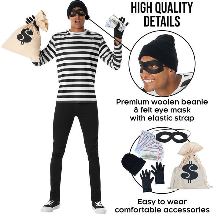3 Pièces Costume de Voleur de Banque, Contient Gant Noir Halloween, Masque Voleur Banque, Sac D'argent Bandit, Costume de Carnaval, pour Jeux de Rôle 3 Pièces Costume de Voleur de Banque, Contient Gant Noir Halloween, Masque Voleur Banque, Sac D'argent Bandit, Costume de Carnaval, pour Jeux de Rôle