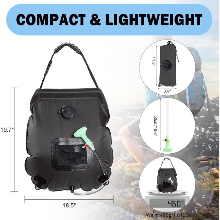 Douche Solaire Portable 20L Pour Camping - Avec Tuyau Et Pommeau, Chauffe Au Soleil, Neuve