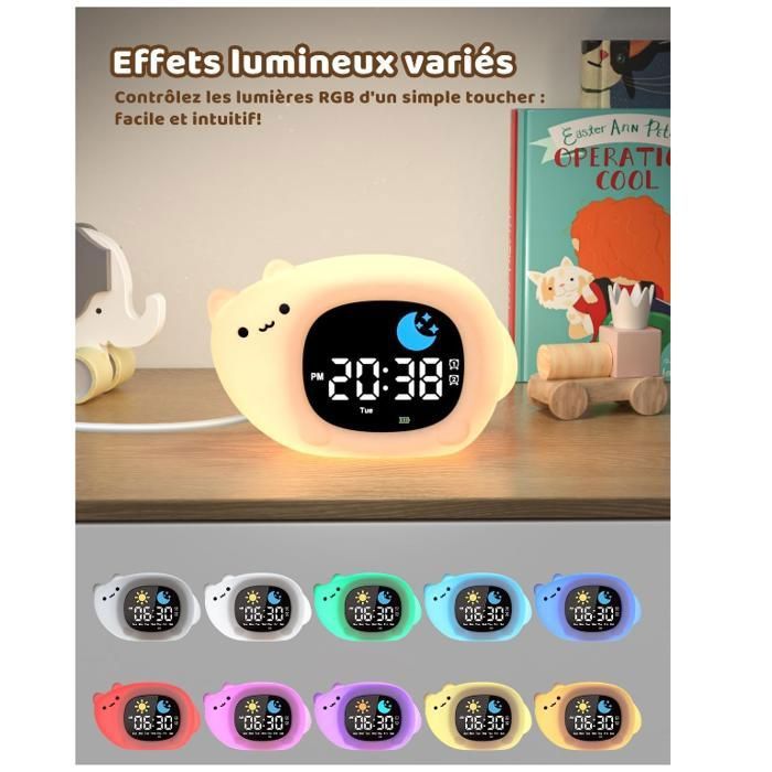 Réveil Enfant Éducatif YISSVIC - Forme Renne - 2 Alarms, 10 Chansons, 7 Couleurs - Affichage Jour/Nuit - 8