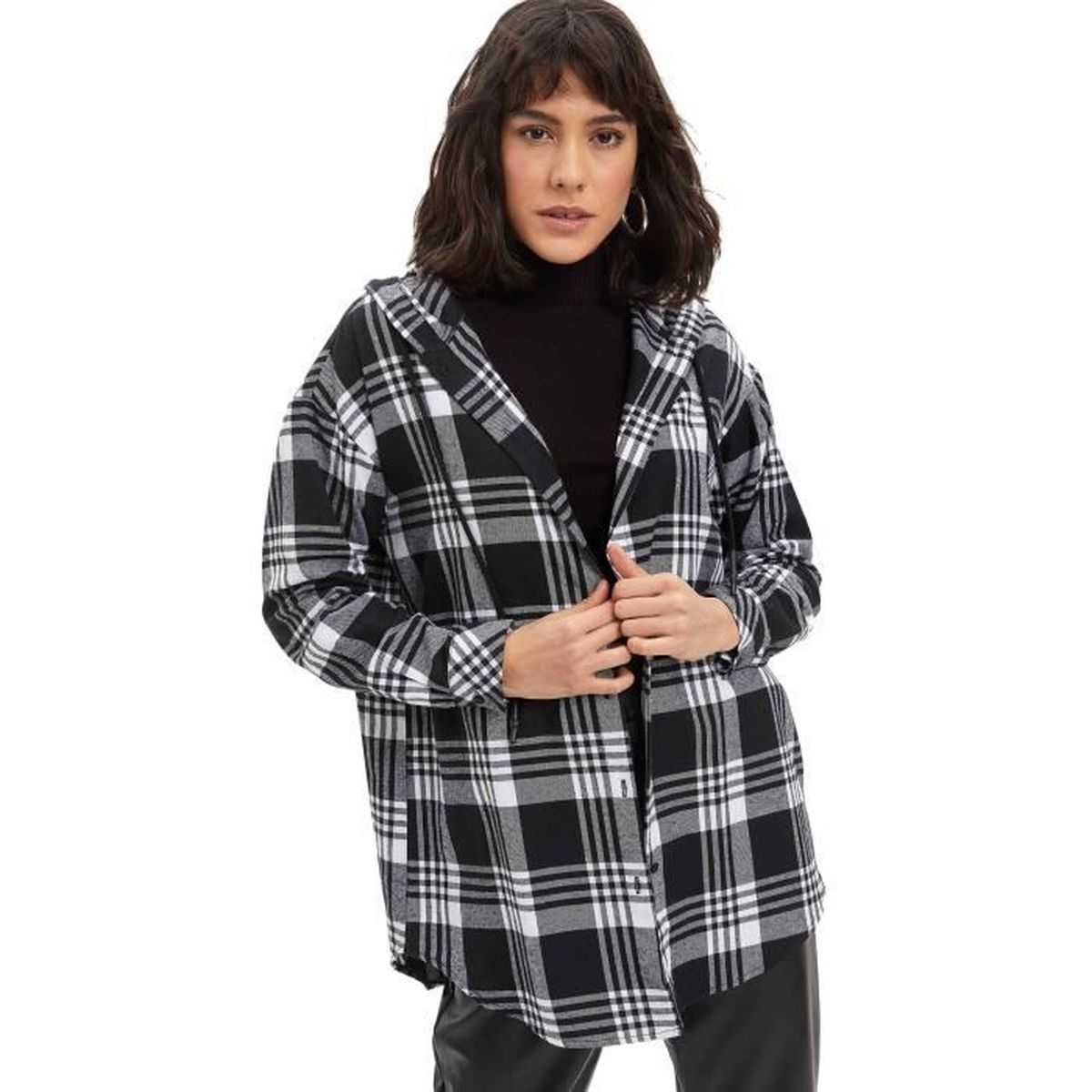 DeFacto Chemise femme à carreaux à capuche Noir-Blanc Marron-chocolat -  Cdiscount Prêt-à-Porter