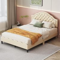 Lit double 140x200cm, lit rembourré avec sommier à lattes avec tête de lit en nuage, PU-cuir, beige
