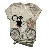 tee shirts imprimé en 3D,Mode femme t-shirts grande taille rétro femmes à manches courtes 3D Animal chat vélo impression haut col e