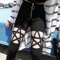 Femmes Punk gothique taille haute Leggings vider Pantalon Zipper toile noir