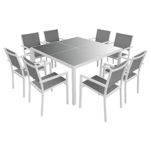 Ensemble table et chaise de jardin Salon de jardin CAGLIARI en textilène gris 8 place