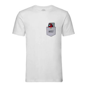T-SHIRT T-shirt Homme Col Rond Blanc Imposteur Poche Surprise Illustration Dessin