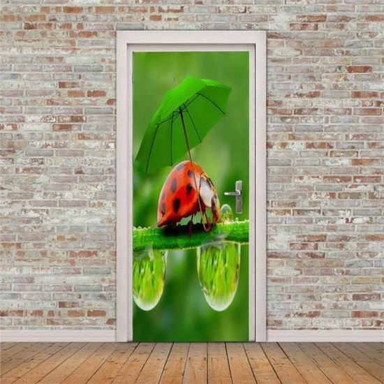 Autocollant Porte 3D Magnolia & Pierre Noire 77x200 Cm - Décor Trompe-l'Œil Amovible PVC