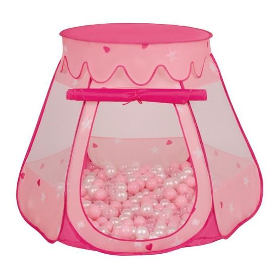 Tente Château Selonis 105x90cm avec 200 Balles Plastiques pour Enfants - Rose Poudré-Perle-Transparent