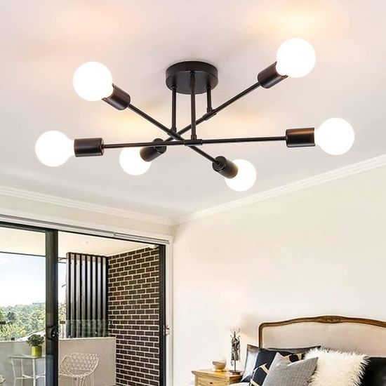 Plafonnier Vintage 6 Ampoules Salon Industriel E27 Lustre Noir Retro Style