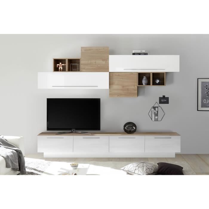 LUDOVICA 5 LAQUE BLANC ET NOYER ENSEMBLE COMPOSITION MURALE MEUBLE TV TENDANCE