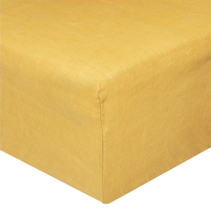 Drap housse en 100%lin JAUNE OCRE 200 x 160 cm