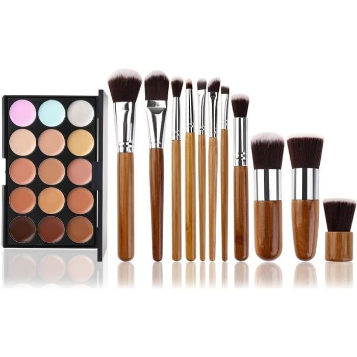 11 Pcs Pinceaux Maquillage Trousse + 15 Couleurs Palette de Maquillage Correcteur Camouflage Crème Cosmétique Set