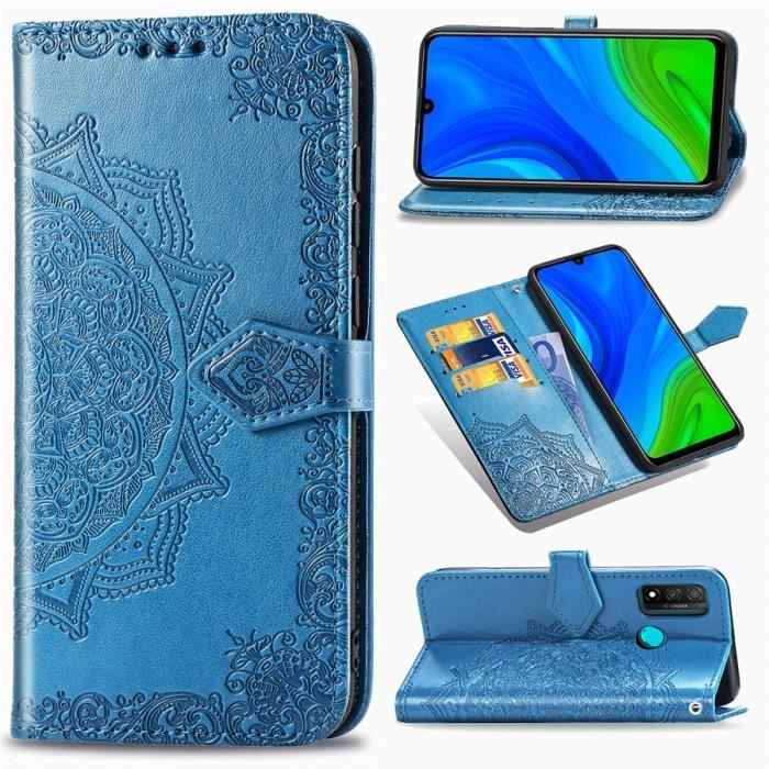Coque Huawei P Smart (2020), Mandala Fleur Motif Silicone Cuir Dragonne Pratique Légère Support Anti-Rayure, Bleu