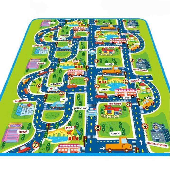 Tapis de Jeu Rectangle Géant Circuit Voiture de Course Cadeau pour Bébé Enfant Tapis Pique-nique