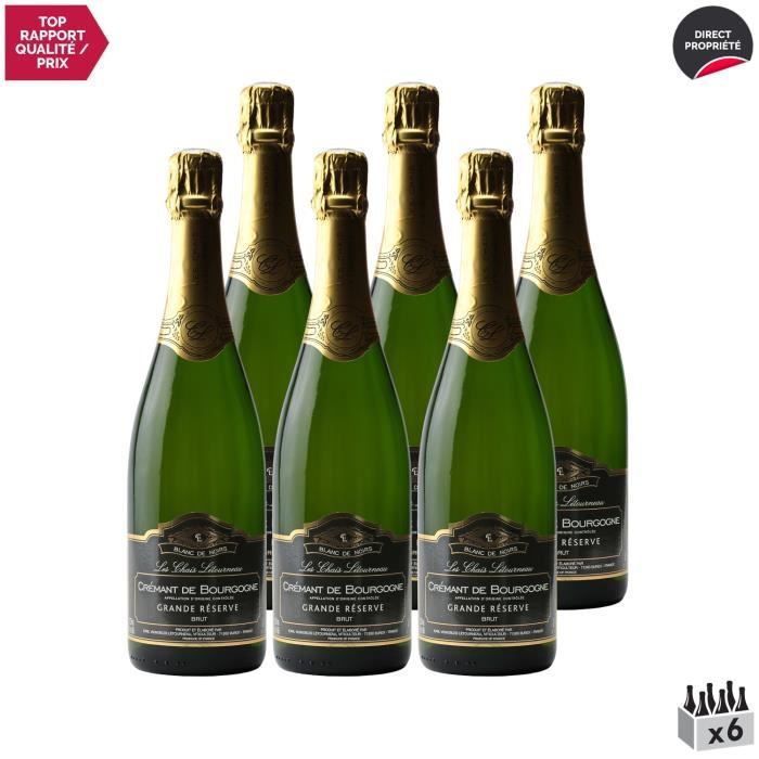 Crémant de Bourgogne Blanc de Noirs Grande Réserve Brut Blanc - Lot de 6x75cl - Les Chais Letourneau - Vin effervescent AOC Blanc de