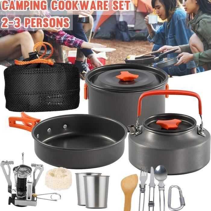 Ichiias Outdoor Camping Pique-nique Barbecue Ensemble de cuisine Batterie de cuisine pour 2-3 personnes