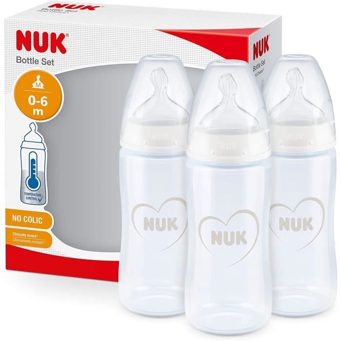 NUK set de biberons First Choice+ - 0-6 mois - Contrôle de température - Valve anti-coliques - Sans BPA - 300 ml - Tétine en silicon