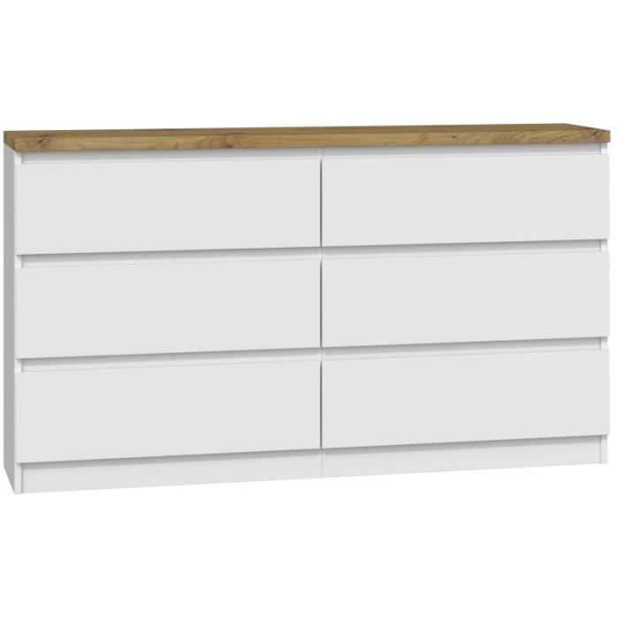 JAGGE - Commode moderne avec plateau épais style scandinave salon/séjour/chambre - Dimensions : 138x78x40 cm - 6 tiroirs -