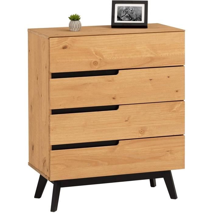 LIT X Commode Tibor Style scandinave Design Vintage Nordique avec 4 tiroirs en pin Massif Finition Bois Naturel teinteacute343