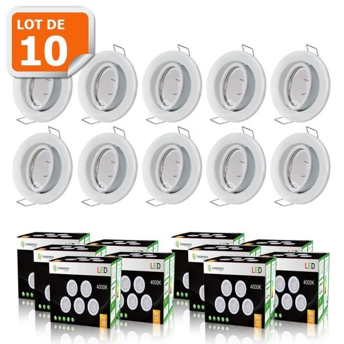 LOT DE 10 SPOT LED ENCASTRABLE COMPLETE ORIENTABLE BLANC AVEC AMPOULE GU10 230V eq. 50W LUMIERE BLANC NEUTRE