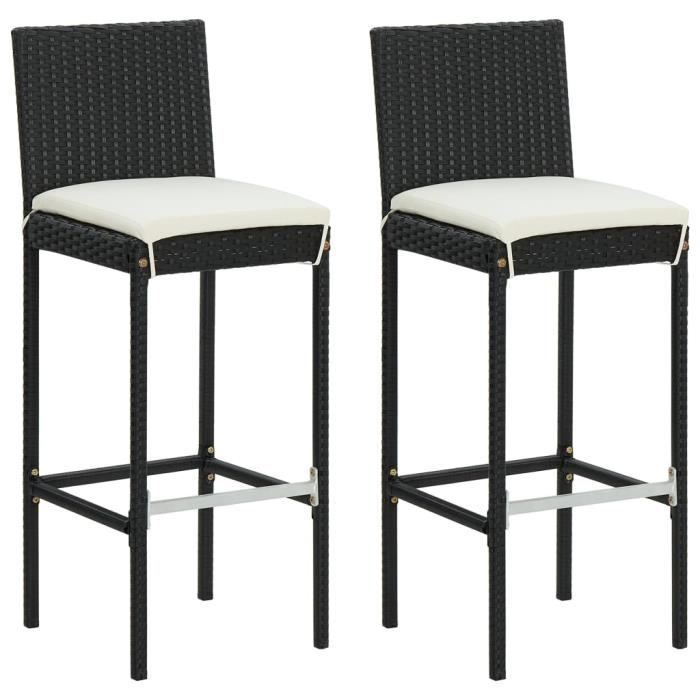 WEI Tabourets de bar de jardin et coussins 2pcs Noir Résine tressée