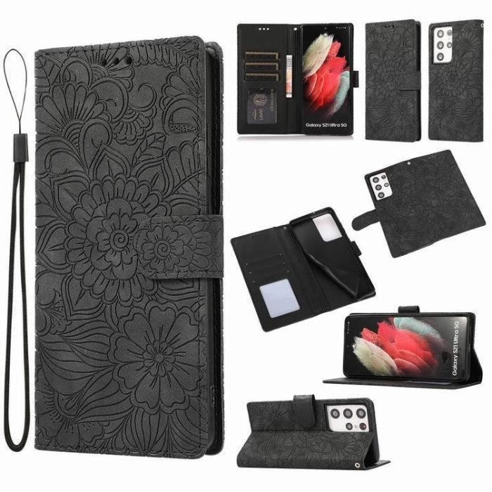 Pochette Protection Etui Housse pour Samsung galaxy A72 5G Coque Fermeture Magnétique Flip Case noir + 2PCS Verre Trempé