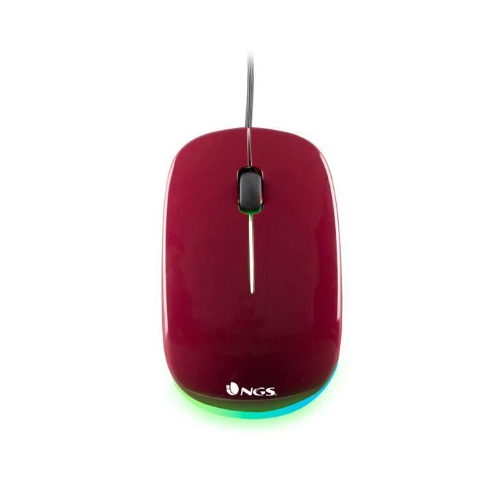 NGS ADDICT MAROON - Souris Optique 1000dpi avec Câble USB avec 2 Boutons et Écleirage LED, Ergonomie Droitiers, Grenat